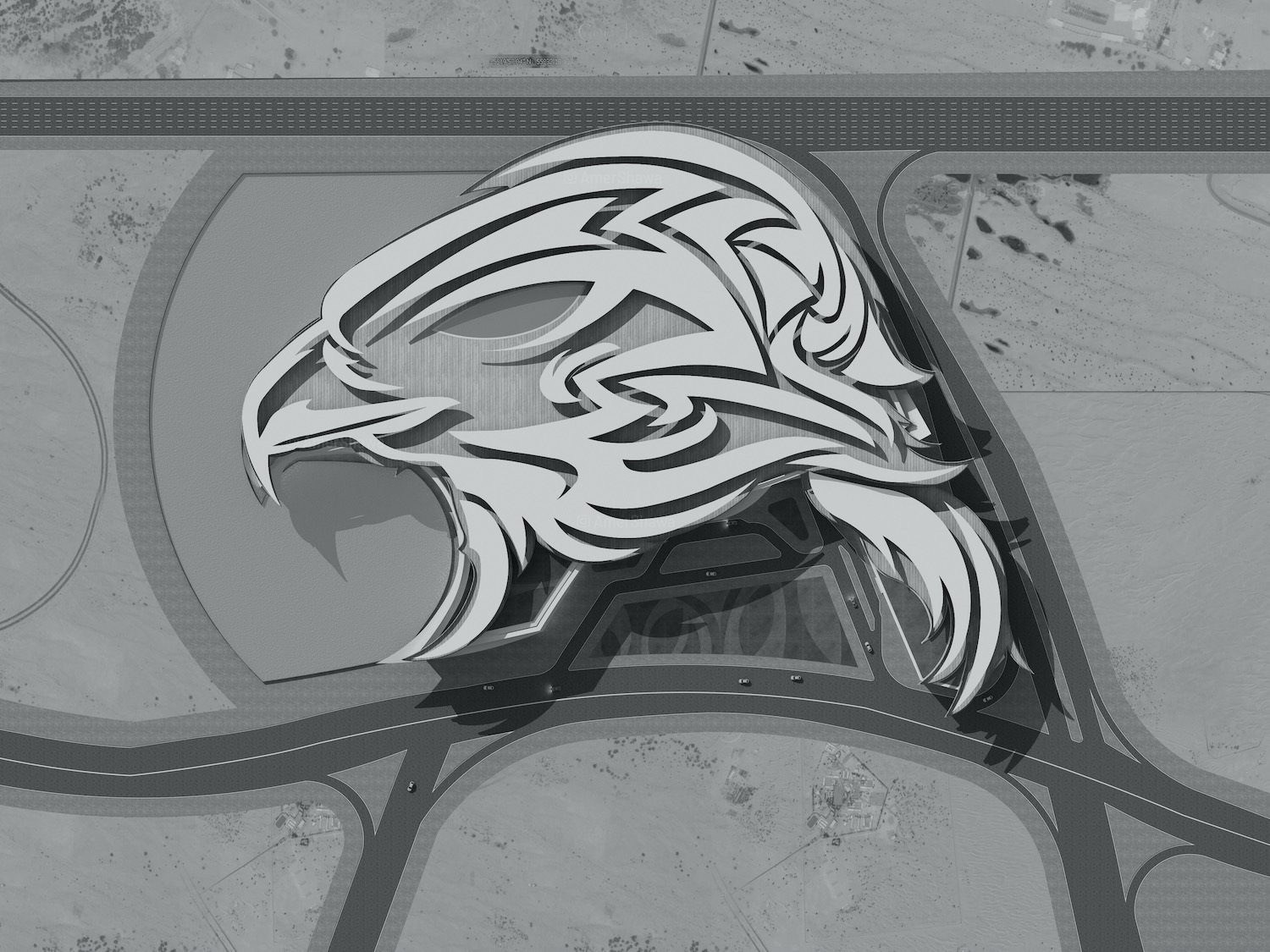 falcon shaped building view from above